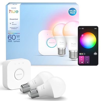 Philips Hue Essential Starter Kit: Hue Bridge + 2 Essential E27 smarte Lampen, White and Color Ambiance, 2200K-6500K, kompatibel mit gängigen Smart-Home-Assistenten