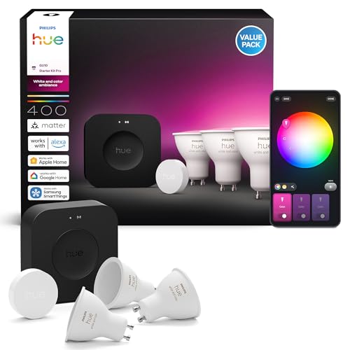 Philips Hue Starter Kit: Bridge Pro + 3 GU10 Smarte Glühbirnen + Smart Button, White and Color Ambiance, Smart Light Hub, kompatibel mit Alexa, Google Assistant, Samsung SmartThings, Apple Home