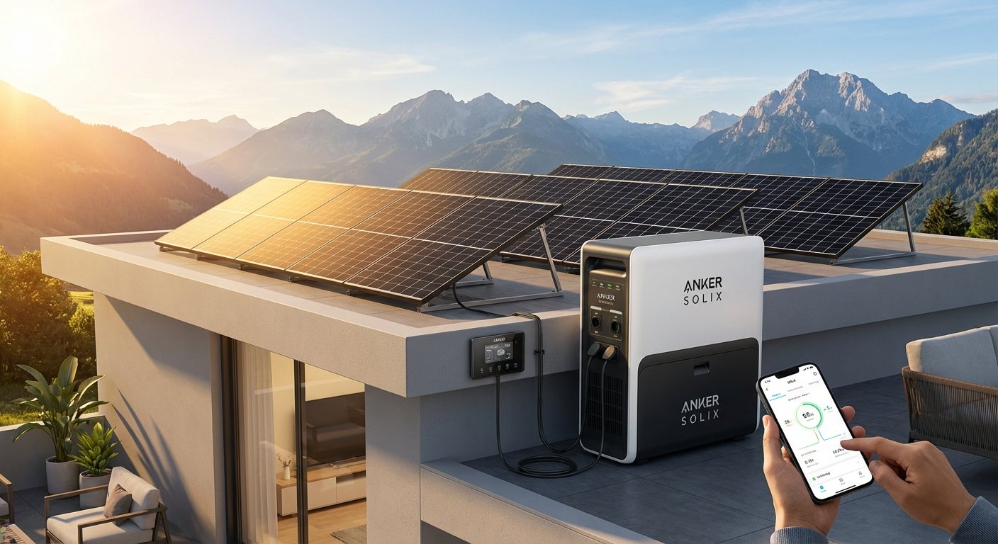 Erstelle ein fotorealistisches Bild, das ein Anker SOLIX Solarenergiesystem in einem modernen Wohnumfeld zeigt. Das Bild soll folgende Elemente enthalten: KERN-ELEMENTE (immer enthalten): - Schwarze, hocheffiziente bifaziale Solarpanels (elegantes, hochwertiges Design) - Weiß/schwarze Anker SOLIX Solarbank Speichereinheit (kompaktes, modernes kastenförmiges Design) - Helles natürliches Sonnenlicht, das warmes Leuchten auf den Panels erzeugt - Klare, minimalistische Ästhetik mit scharfen Details - Schriftzug "ANKER SOLIX" prominent platziert in moderner serifenloser Schrift VARIABLE EINSTELLUNGEN (für Vielfalt variieren): Installationsort: moderner Wohnungsbalkon mit Geländermontage ODER Dachterrasse mit Flachdach-Installation ODER Wandmontage am Gebäude ODER Garten-Bodeninstallation Umgebung: urbane Stadtlandschaft im Hintergrund ODER grüne Vorstadtumgebung ODER Küstenlandschaft mit blauem Himmel ODER Bergpanorama Tageszeit & Licht: heller sonniger Morgen mit goldenem Licht ODER Mittag mit klarem blauen Himmel ODER später Nachmittag mit warmem orangefarbenem Glühen ODER teilweise bewölkt mit dynamischer Beleuchtung Zusätzliche Elemente (1-2 einbeziehen): - Person, die Energie über Smartphone-App mit Echtzeitdaten überwacht - Topfpflanzen und moderne Gartenmöbel auf dem Balkon - Energiefluss-Visualisierung (subtile leuchtende Linien/Pfeile von Sonne→Panel→Speicher→Haus) - Tragbare Anker SOLIX Powerstation für Outdoor-Nutzung - E-Auto-Ladestation angeschlossen am System - Smart Meter oder Monitoring-Display - Zeitgenössische Architekturdetails (klare Linien, Glas, Beton) Technische Details (dezent sichtbar): - MPPT-Tracker-Anzeigen - Integrierter Wechselrichter - LiFePO4-Batterie-Technologie-Kennzeichnungen - Kabelmanagement und Verbindungen ATMOSPHÄRE: Nachhaltig, zukunftsorientiert, energieunabhängig, technologisch fortschrittlich, umweltbewusst, kosteneffizient, smartes Wohnen FARBPALETTE: Sauberes Weiß, tiefes Schwarz, warmes Sonnenlicht-Gelb/Orange, energetisches Himmelsblau, Naturgrün STIL: Moderne Produktfotografie trifft Lifestyle-Fotografie, hohe Klarheit, natürliche Tiefenschärfe, zeitgenössische cleane Ästhetik