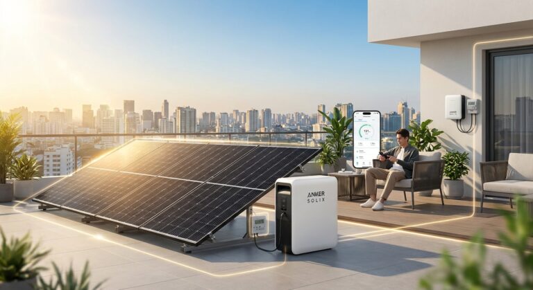 Erstelle ein fotorealistisches Bild, das ein Anker SOLIX Solarenergiesystem in einem modernen Wohnumfeld zeigt. Das Bild soll folgende Elemente enthalten: KERN-ELEMENTE (immer enthalten): - Schwarze, hocheffiziente bifaziale Solarpanels (elegantes, hochwertiges Design) - WeiΓ/schwarze Anker SOLIX Solarbank Speichereinheit (kompaktes, modernes kastenfΓΆrmiges Design) - Helles natΓΌrliches Sonnenlicht, das warmes Leuchten auf den Panels erzeugt - Klare, minimalistische Γsthetik mit scharfen Details - Schriftzug "ANKER SOLIX" prominent platziert in moderner serifenloser Schrift VARIABLE EINSTELLUNGEN (fΓΌr Vielfalt variieren): Installationsort: moderner Wohnungsbalkon mit GelΓ€ndermontage ODER Dachterrasse mit Flachdach-Installation ODER Wandmontage am GebΓ€ude ODER Garten-Bodeninstallation Umgebung: urbane Stadtlandschaft im Hintergrund ODER grΓΌne Vorstadtumgebung ODER KΓΌstenlandschaft mit blauem Himmel ODER Bergpanorama Tageszeit & Licht: heller sonniger Morgen mit goldenem Licht ODER Mittag mit klarem blauen Himmel ODER spΓ€ter Nachmittag mit warmem orangefarbenem GlΓΌhen ODER teilweise bewΓΆlkt mit dynamischer Beleuchtung ZusΓ€tzliche Elemente (1-2 einbeziehen): - Person, die Energie ΓΌber Smartphone-App mit Echtzeitdaten ΓΌberwacht - Topfpflanzen und moderne GartenmΓΆbel auf dem Balkon - Energiefluss-Visualisierung (subtile leuchtende Linien/Pfeile von SonneβPanelβSpeicherβHaus) - Tragbare Anker SOLIX Powerstation fΓΌr Outdoor-Nutzung - E-Auto-Ladestation angeschlossen am System - Smart Meter oder Monitoring-Display - ZeitgenΓΆssische Architekturdetails (klare Linien, Glas, Beton) Technische Details (dezent sichtbar): - MPPT-Tracker-Anzeigen - Integrierter Wechselrichter - LiFePO4-Batterie-Technologie-Kennzeichnungen - Kabelmanagement und Verbindungen ATMOSPHΓRE: Nachhaltig, zukunftsorientiert, energieunabhΓ€ngig, technologisch fortschrittlich, umweltbewusst, kosteneffizient, smartes Wohnen FARBPALETTE: Sauberes WeiΓ, tiefes Schwarz, warmes Sonnenlicht-Gelb/Orange, energetisches Himmelsblau, NaturgrΓΌn STIL: Moderne Produktfotografie trifft Lifestyle-Fotografie, hohe Klarheit, natΓΌrliche TiefenschΓ€rfe, zeitgenΓΆssische cleane Γsthetik