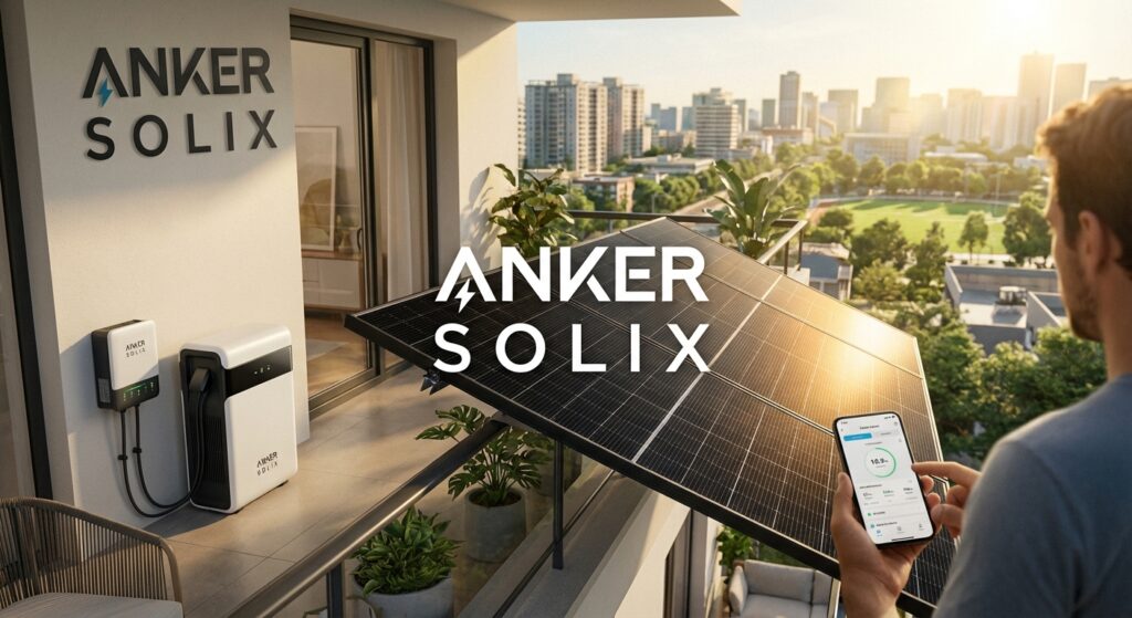 Erstelle ein fotorealistisches Bild, das ein Anker SOLIX Solarenergiesystem in einem modernen Wohnumfeld zeigt. Das Bild soll folgende Elemente enthalten: KERN-ELEMENTE (immer enthalten): - Schwarze, hocheffiziente bifaziale Solarpanels (elegantes, hochwertiges Design) - WeiΓ/schwarze Anker SOLIX Solarbank Speichereinheit (kompaktes, modernes kastenfΓΆrmiges Design) - Helles natΓΌrliches Sonnenlicht, das warmes Leuchten auf den Panels erzeugt - Klare, minimalistische Γsthetik mit scharfen Details - Schriftzug "ANKER SOLIX" prominent platziert in moderner serifenloser Schrift VARIABLE EINSTELLUNGEN (fΓΌr Vielfalt variieren): Installationsort: moderner Wohnungsbalkon mit GelΓ€ndermontage ODER Dachterrasse mit Flachdach-Installation ODER Wandmontage am GebΓ€ude ODER Garten-Bodeninstallation Umgebung: urbane Stadtlandschaft im Hintergrund ODER grΓΌne Vorstadtumgebung ODER KΓΌstenlandschaft mit blauem Himmel ODER Bergpanorama Tageszeit & Licht: heller sonniger Morgen mit goldenem Licht ODER Mittag mit klarem blauen Himmel ODER spΓ€ter Nachmittag mit warmem orangefarbenem GlΓΌhen ODER teilweise bewΓΆlkt mit dynamischer Beleuchtung ZusΓ€tzliche Elemente (1-2 einbeziehen): - Person, die Energie ΓΌber Smartphone-App mit Echtzeitdaten ΓΌberwacht - Topfpflanzen und moderne GartenmΓΆbel auf dem Balkon - Energiefluss-Visualisierung (subtile leuchtende Linien/Pfeile von SonneβPanelβSpeicherβHaus) - Tragbare Anker SOLIX Powerstation fΓΌr Outdoor-Nutzung - E-Auto-Ladestation angeschlossen am System - Smart Meter oder Monitoring-Display - ZeitgenΓΆssische Architekturdetails (klare Linien, Glas, Beton) Technische Details (dezent sichtbar): - MPPT-Tracker-Anzeigen - Integrierter Wechselrichter - LiFePO4-Batterie-Technologie-Kennzeichnungen - Kabelmanagement und Verbindungen ATMOSPHΓRE: Nachhaltig, zukunftsorientiert, energieunabhΓ€ngig, technologisch fortschrittlich, umweltbewusst, kosteneffizient, smartes Wohnen FARBPALETTE: Sauberes WeiΓ, tiefes Schwarz, warmes Sonnenlicht-Gelb/Orange, energetisches Himmelsblau, NaturgrΓΌn STIL: Moderne Produktfotografie trifft Lifestyle-Fotografie, hohe Klarheit, natΓΌrliche TiefenschΓ€rfe, zeitgenΓΆssische cleane Γsthetik