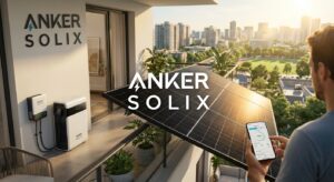 Erstelle ein fotorealistisches Bild, das ein Anker SOLIX Solarenergiesystem in einem modernen Wohnumfeld zeigt. Das Bild soll folgende Elemente enthalten: KERN-ELEMENTE (immer enthalten): - Schwarze, hocheffiziente bifaziale Solarpanels (elegantes, hochwertiges Design) - Weiß/schwarze Anker SOLIX Solarbank Speichereinheit (kompaktes, modernes kastenförmiges Design) - Helles natürliches Sonnenlicht, das warmes Leuchten auf den Panels erzeugt - Klare, minimalistische Ästhetik mit scharfen Details - Schriftzug "ANKER SOLIX" prominent platziert in moderner serifenloser Schrift VARIABLE EINSTELLUNGEN (für Vielfalt variieren): Installationsort: moderner Wohnungsbalkon mit Geländermontage ODER Dachterrasse mit Flachdach-Installation ODER Wandmontage am Gebäude ODER Garten-Bodeninstallation Umgebung: urbane Stadtlandschaft im Hintergrund ODER grüne Vorstadtumgebung ODER Küstenlandschaft mit blauem Himmel ODER Bergpanorama Tageszeit & Licht: heller sonniger Morgen mit goldenem Licht ODER Mittag mit klarem blauen Himmel ODER später Nachmittag mit warmem orangefarbenem Glühen ODER teilweise bewölkt mit dynamischer Beleuchtung Zusätzliche Elemente (1-2 einbeziehen): - Person, die Energie über Smartphone-App mit Echtzeitdaten überwacht - Topfpflanzen und moderne Gartenmöbel auf dem Balkon - Energiefluss-Visualisierung (subtile leuchtende Linien/Pfeile von Sonne→Panel→Speicher→Haus) - Tragbare Anker SOLIX Powerstation für Outdoor-Nutzung - E-Auto-Ladestation angeschlossen am System - Smart Meter oder Monitoring-Display - Zeitgenössische Architekturdetails (klare Linien, Glas, Beton) Technische Details (dezent sichtbar): - MPPT-Tracker-Anzeigen - Integrierter Wechselrichter - LiFePO4-Batterie-Technologie-Kennzeichnungen - Kabelmanagement und Verbindungen ATMOSPHÄRE: Nachhaltig, zukunftsorientiert, energieunabhängig, technologisch fortschrittlich, umweltbewusst, kosteneffizient, smartes Wohnen FARBPALETTE: Sauberes Weiß, tiefes Schwarz, warmes Sonnenlicht-Gelb/Orange, energetisches Himmelsblau, Naturgrün STIL: Moderne Produktfotografie trifft Lifestyle-Fotografie, hohe Klarheit, natürliche Tiefenschärfe, zeitgenössische cleane Ästhetik