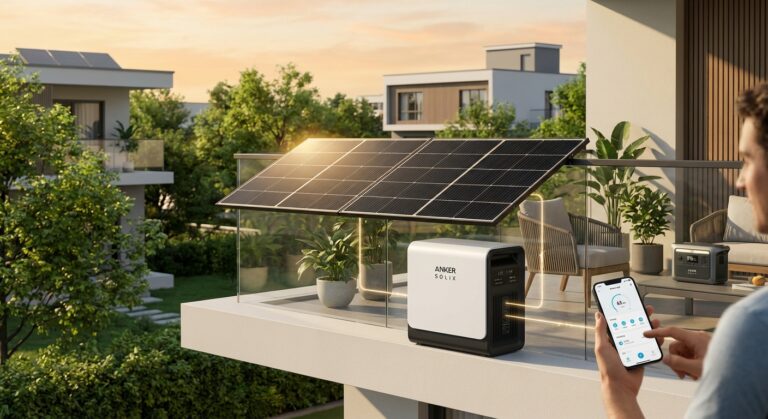 Erstelle ein fotorealistisches Bild, das ein Anker SOLIX Solarenergiesystem in einem modernen Wohnumfeld zeigt. Das Bild soll folgende Elemente enthalten: KERN-ELEMENTE (immer enthalten): - Schwarze, hocheffiziente bifaziale Solarpanels (elegantes, hochwertiges Design) - Weiß/schwarze Anker SOLIX Solarbank Speichereinheit (kompaktes, modernes kastenförmiges Design) - Helles natürliches Sonnenlicht, das warmes Leuchten auf den Panels erzeugt - Klare, minimalistische Ästhetik mit scharfen Details - Schriftzug "ANKER SOLIX" prominent platziert in moderner serifenloser Schrift VARIABLE EINSTELLUNGEN (für Vielfalt variieren): Installationsort: moderner Wohnungsbalkon mit Geländermontage ODER Dachterrasse mit Flachdach-Installation ODER Wandmontage am Gebäude ODER Garten-Bodeninstallation Umgebung: urbane Stadtlandschaft im Hintergrund ODER grüne Vorstadtumgebung ODER Küstenlandschaft mit blauem Himmel ODER Bergpanorama Tageszeit & Licht: heller sonniger Morgen mit goldenem Licht ODER Mittag mit klarem blauen Himmel ODER später Nachmittag mit warmem orangefarbenem Glühen ODER teilweise bewölkt mit dynamischer Beleuchtung Zusätzliche Elemente (1-2 einbeziehen): - Person, die Energie über Smartphone-App mit Echtzeitdaten überwacht - Topfpflanzen und moderne Gartenmöbel auf dem Balkon - Energiefluss-Visualisierung (subtile leuchtende Linien/Pfeile von Sonne→Panel→Speicher→Haus) - Tragbare Anker SOLIX Powerstation für Outdoor-Nutzung - E-Auto-Ladestation angeschlossen am System - Smart Meter oder Monitoring-Display - Zeitgenössische Architekturdetails (klare Linien, Glas, Beton) Technische Details (dezent sichtbar): - MPPT-Tracker-Anzeigen - Integrierter Wechselrichter - LiFePO4-Batterie-Technologie-Kennzeichnungen - Kabelmanagement und Verbindungen ATMOSPHÄRE: Nachhaltig, zukunftsorientiert, energieunabhängig, technologisch fortschrittlich, umweltbewusst, kosteneffizient, smartes Wohnen FARBPALETTE: Sauberes Weiß, tiefes Schwarz, warmes Sonnenlicht-Gelb/Orange, energetisches Himmelsblau, Naturgrün STIL: Moderne Produktfotografie trifft Lifestyle-Fotografie, hohe Klarheit, natürliche Tiefenschärfe, zeitgenössische cleane Ästhetik