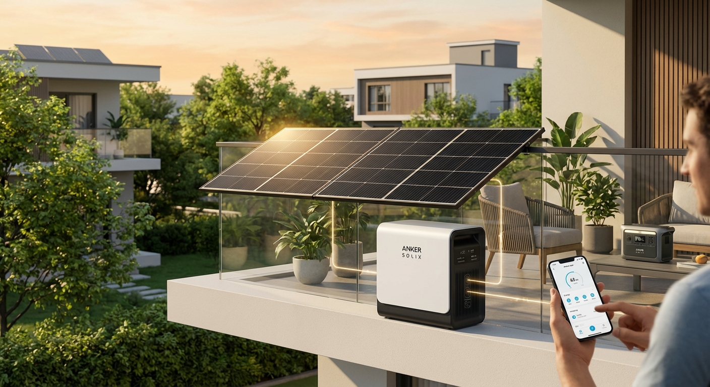 Erstelle ein fotorealistisches Bild, das ein Anker SOLIX Solarenergiesystem in einem modernen Wohnumfeld zeigt. Das Bild soll folgende Elemente enthalten: KERN-ELEMENTE (immer enthalten): - Schwarze, hocheffiziente bifaziale Solarpanels (elegantes, hochwertiges Design) - Weiß/schwarze Anker SOLIX Solarbank Speichereinheit (kompaktes, modernes kastenförmiges Design) - Helles natürliches Sonnenlicht, das warmes Leuchten auf den Panels erzeugt - Klare, minimalistische Ästhetik mit scharfen Details - Schriftzug "ANKER SOLIX" prominent platziert in moderner serifenloser Schrift VARIABLE EINSTELLUNGEN (für Vielfalt variieren): Installationsort: moderner Wohnungsbalkon mit Geländermontage ODER Dachterrasse mit Flachdach-Installation ODER Wandmontage am Gebäude ODER Garten-Bodeninstallation Umgebung: urbane Stadtlandschaft im Hintergrund ODER grüne Vorstadtumgebung ODER Küstenlandschaft mit blauem Himmel ODER Bergpanorama Tageszeit & Licht: heller sonniger Morgen mit goldenem Licht ODER Mittag mit klarem blauen Himmel ODER später Nachmittag mit warmem orangefarbenem Glühen ODER teilweise bewölkt mit dynamischer Beleuchtung Zusätzliche Elemente (1-2 einbeziehen): - Person, die Energie über Smartphone-App mit Echtzeitdaten überwacht - Topfpflanzen und moderne Gartenmöbel auf dem Balkon - Energiefluss-Visualisierung (subtile leuchtende Linien/Pfeile von Sonne→Panel→Speicher→Haus) - Tragbare Anker SOLIX Powerstation für Outdoor-Nutzung - E-Auto-Ladestation angeschlossen am System - Smart Meter oder Monitoring-Display - Zeitgenössische Architekturdetails (klare Linien, Glas, Beton) Technische Details (dezent sichtbar): - MPPT-Tracker-Anzeigen - Integrierter Wechselrichter - LiFePO4-Batterie-Technologie-Kennzeichnungen - Kabelmanagement und Verbindungen ATMOSPHÄRE: Nachhaltig, zukunftsorientiert, energieunabhängig, technologisch fortschrittlich, umweltbewusst, kosteneffizient, smartes Wohnen FARBPALETTE: Sauberes Weiß, tiefes Schwarz, warmes Sonnenlicht-Gelb/Orange, energetisches Himmelsblau, Naturgrün STIL: Moderne Produktfotografie trifft Lifestyle-Fotografie, hohe Klarheit, natürliche Tiefenschärfe, zeitgenössische cleane Ästhetik