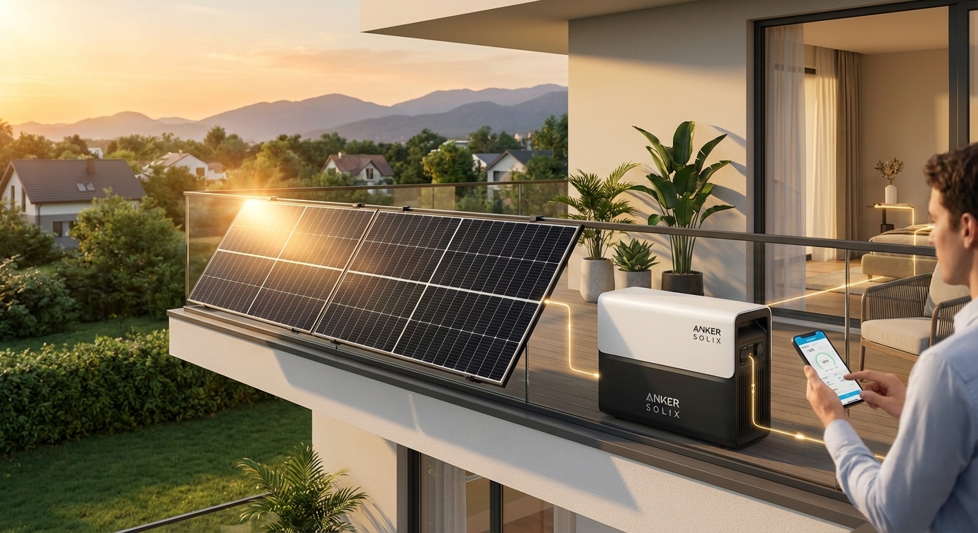 Erstelle ein fotorealistisches Bild, das ein Anker SOLIX Solarenergiesystem in einem modernen Wohnumfeld zeigt. Das Bild soll folgende Elemente enthalten: KERN-ELEMENTE (immer enthalten): - Schwarze, hocheffiziente bifaziale Solarpanels (elegantes, hochwertiges Design) - Weiß/schwarze Anker SOLIX Solarbank Speichereinheit (kompaktes, modernes kastenförmiges Design) - Helles natürliches Sonnenlicht, das warmes Leuchten auf den Panels erzeugt - Klare, minimalistische Ästhetik mit scharfen Details - Schriftzug "ANKER SOLIX" prominent platziert in moderner serifenloser Schrift VARIABLE EINSTELLUNGEN (für Vielfalt variieren): Installationsort: moderner Wohnungsbalkon mit Geländermontage ODER Dachterrasse mit Flachdach-Installation ODER Wandmontage am Gebäude ODER Garten-Bodeninstallation Umgebung: urbane Stadtlandschaft im Hintergrund ODER grüne Vorstadtumgebung ODER Küstenlandschaft mit blauem Himmel ODER Bergpanorama Tageszeit & Licht: heller sonniger Morgen mit goldenem Licht ODER Mittag mit klarem blauen Himmel ODER später Nachmittag mit warmem orangefarbenem Glühen ODER teilweise bewölkt mit dynamischer Beleuchtung Zusätzliche Elemente (1-2 einbeziehen): - Person, die Energie über Smartphone-App mit Echtzeitdaten überwacht - Topfpflanzen und moderne Gartenmöbel auf dem Balkon - Energiefluss-Visualisierung (subtile leuchtende Linien/Pfeile von Sonne→Panel→Speicher→Haus) - Tragbare Anker SOLIX Powerstation für Outdoor-Nutzung - E-Auto-Ladestation angeschlossen am System - Smart Meter oder Monitoring-Display - Zeitgenössische Architekturdetails (klare Linien, Glas, Beton) Technische Details (dezent sichtbar): - MPPT-Tracker-Anzeigen - Integrierter Wechselrichter - LiFePO4-Batterie-Technologie-Kennzeichnungen - Kabelmanagement und Verbindungen ATMOSPHÄRE: Nachhaltig, zukunftsorientiert, energieunabhängig, technologisch fortschrittlich, umweltbewusst, kosteneffizient, smartes Wohnen FARBPALETTE: Sauberes Weiß, tiefes Schwarz, warmes Sonnenlicht-Gelb/Orange, energetisches Himmelsblau, Naturgrün STIL: Moderne Produktfotografie trifft Lifestyle-Fotografie, hohe Klarheit, natürliche Tiefenschärfe, zeitgenössische cleane Ästhetik