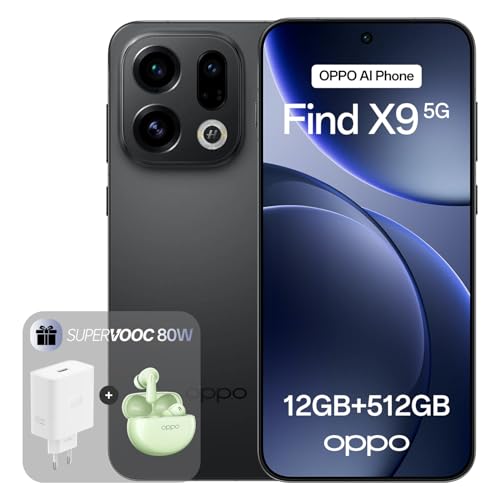 OPPO Find X9 5G 12+512GB, AI-freigeschaltetes Smartphone, 6,59" 120Hz ProXDR Display, 50MP Hasselblad-Kamera, 4K Motion, 7025 mAh Akku, IP69, Space Black (inkl. 80W SUPERVOOC Ladegerät und Enco Air4)