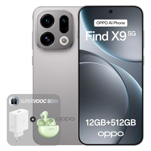 OPPO Find X9 5G 12+512GB, AI-freigeschaltetes Smartphone, 6,59" 120Hz ProXDR Display, 50MP Hasselblad-Kamera, 4K Motion, 7025 mAh Akku, IP69, Titanium Grey (inkl. 80W SUPERVOOC Ladegerät & Enco Air4)