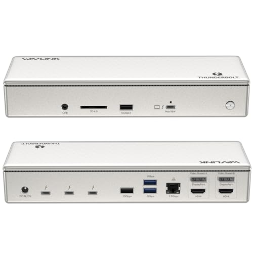 WAVLINK Thunderbolt 4 Dockingstation, 98W PD, Single 8K/Quad 4K Display Dockingstation mit 2 DP/2 HDMI, 4 Thunderbolt 4 Ports, 4xUSB A, 2.5 GbE, SD, Audio/Mic, Kompatibel mit MacBook Pro/Air and More